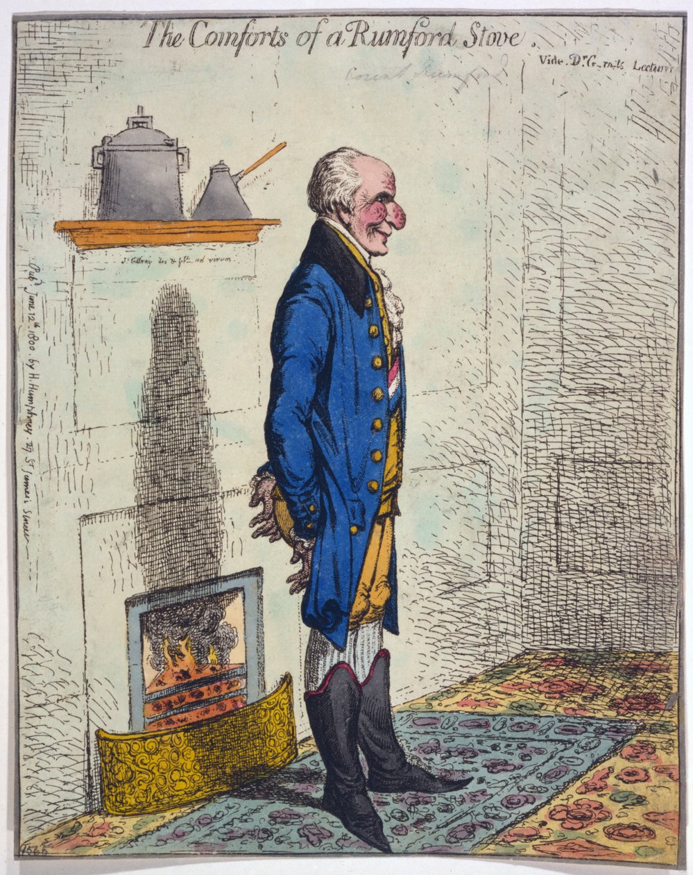 Bir Rumford Sobasının Konforu, pub. 1800 (el renkli gravür) by James Gillray