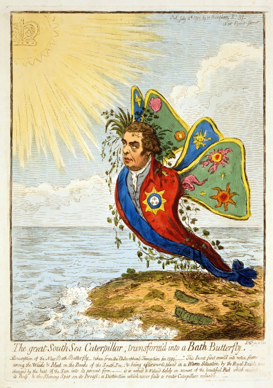 Banyo Kelebeğine Dönüşen Büyük Güney Denizi Tırtılı, 1795 (el boyaması gravür) by James Gillray