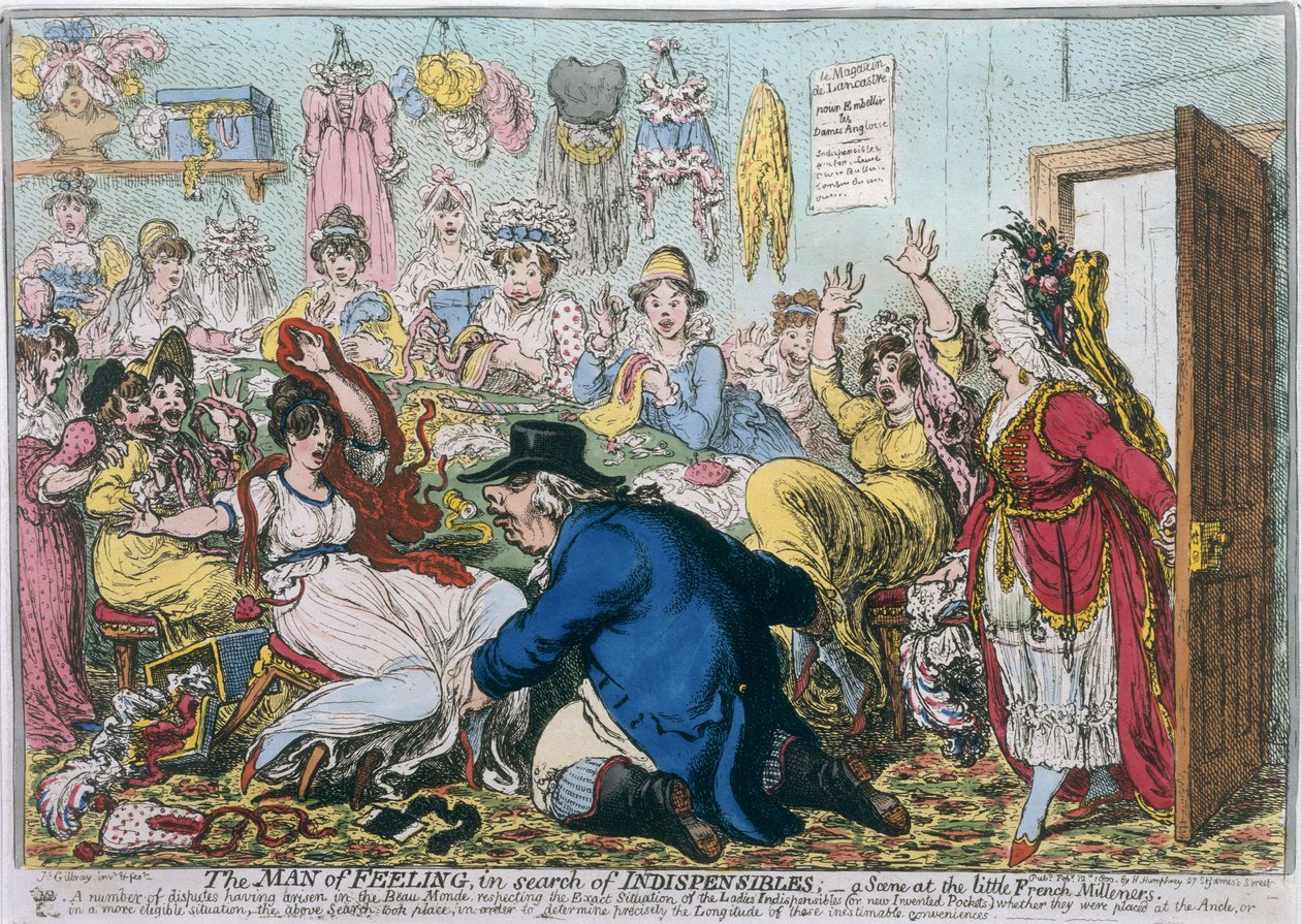 The Man of Feeling in Search of Indispensibles, or A Scene at the French Milliners, published by Hannah Humphrey in 1800 (hand-coloured etching) by James Gillray