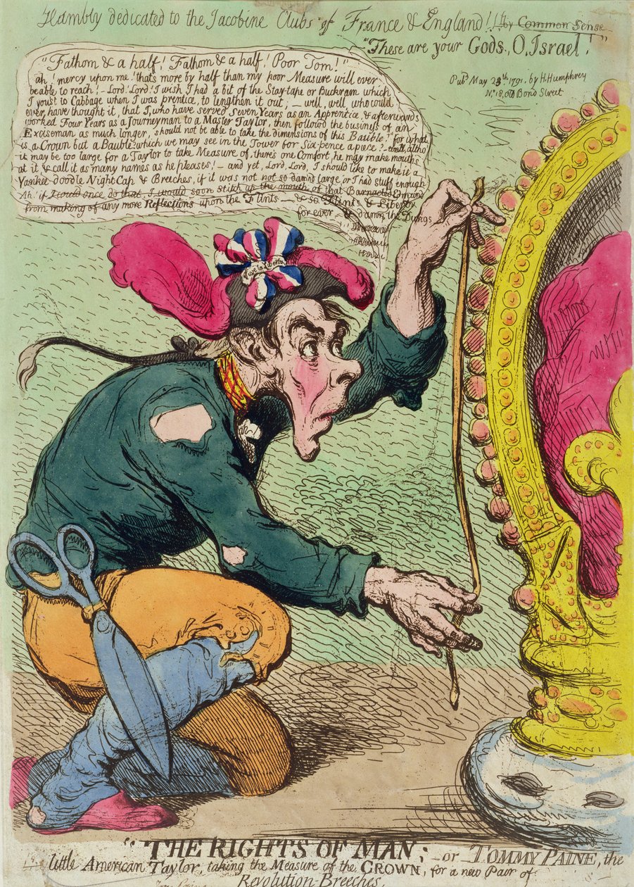 The Rights of Man veya Tommy Paine, küçük Amerikan Taylor, yeni bir Devrim-Pantolon Çifti için Taç Ölçüsünü alıyor, Hannah Humphrey tarafından 1791
