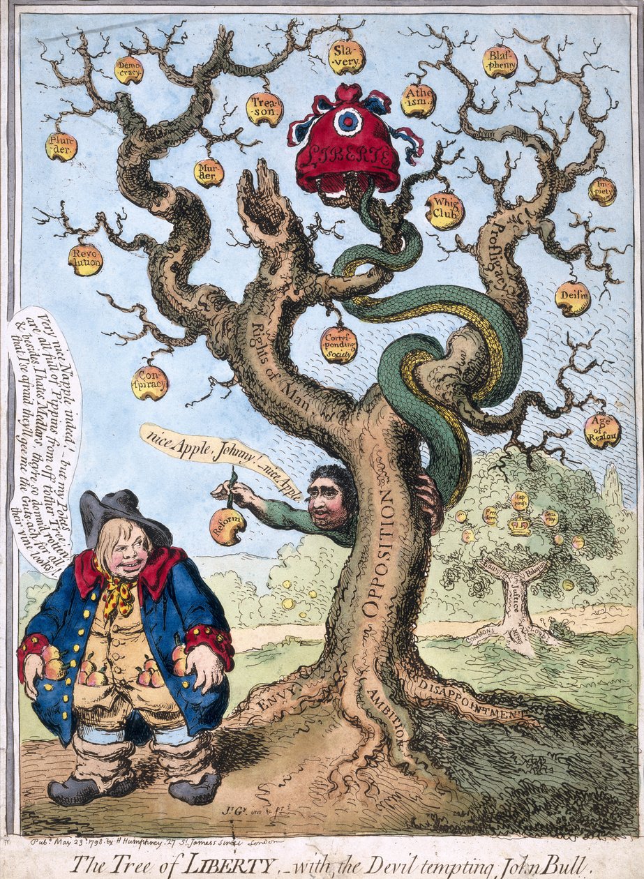 Şeytan Cazip John Bull ile Özgürlük Ağacı, pub. Hannah Humphrey tarafından, 1798 by James Gillray
