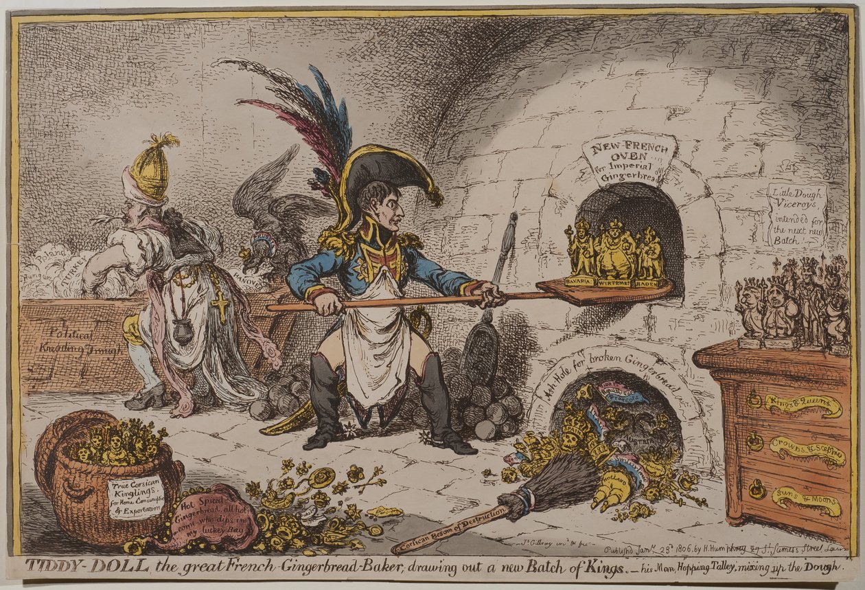 Büyük Fransız Gingerbread-Fırıncı Tiddy-Bebek, yeni bir Kings of Kings çiziyor, 1806 by James Gillray
