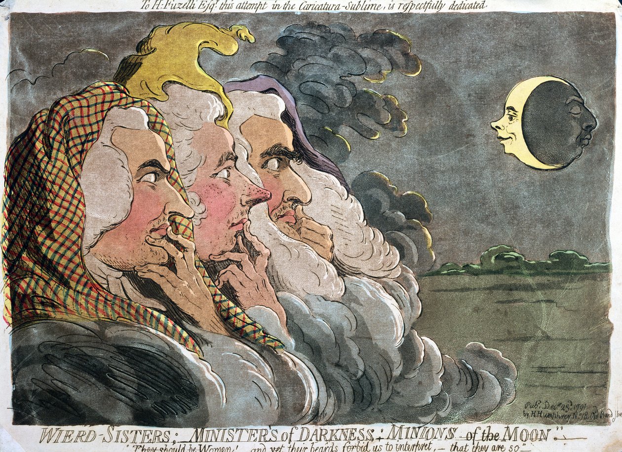 Kader tanrıçaları; Karanlığın Bakanları; Minions of the Moon, Hannah Humphrey tarafından yayınlandı, 1791 (aquatint ile gravür) by James Gillray