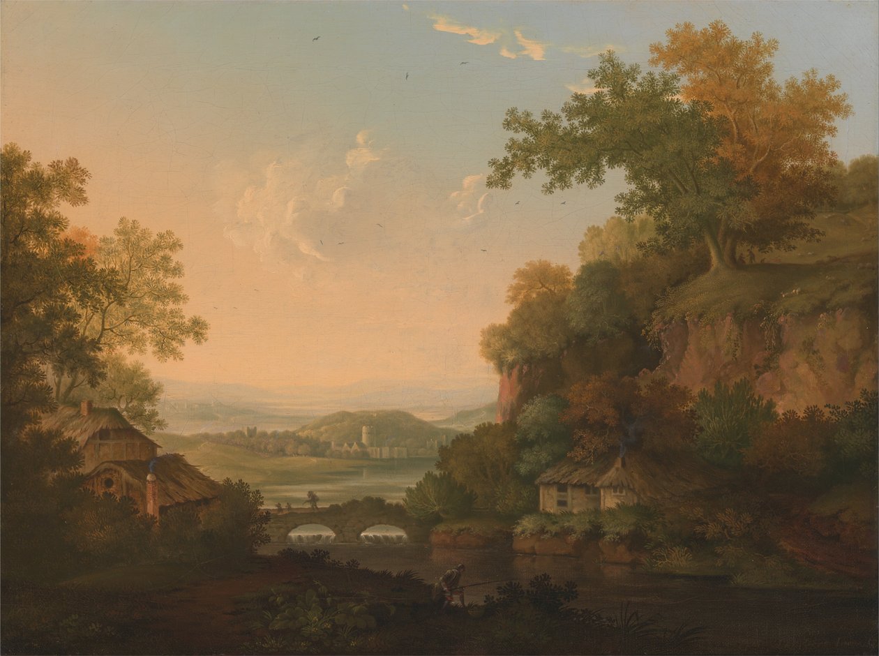 Savak Üzerindeki Bir Köprünün Yanındaki Sazdan Kulübelerle Bir Nehir Manzarası by James Lambert  of Lewes