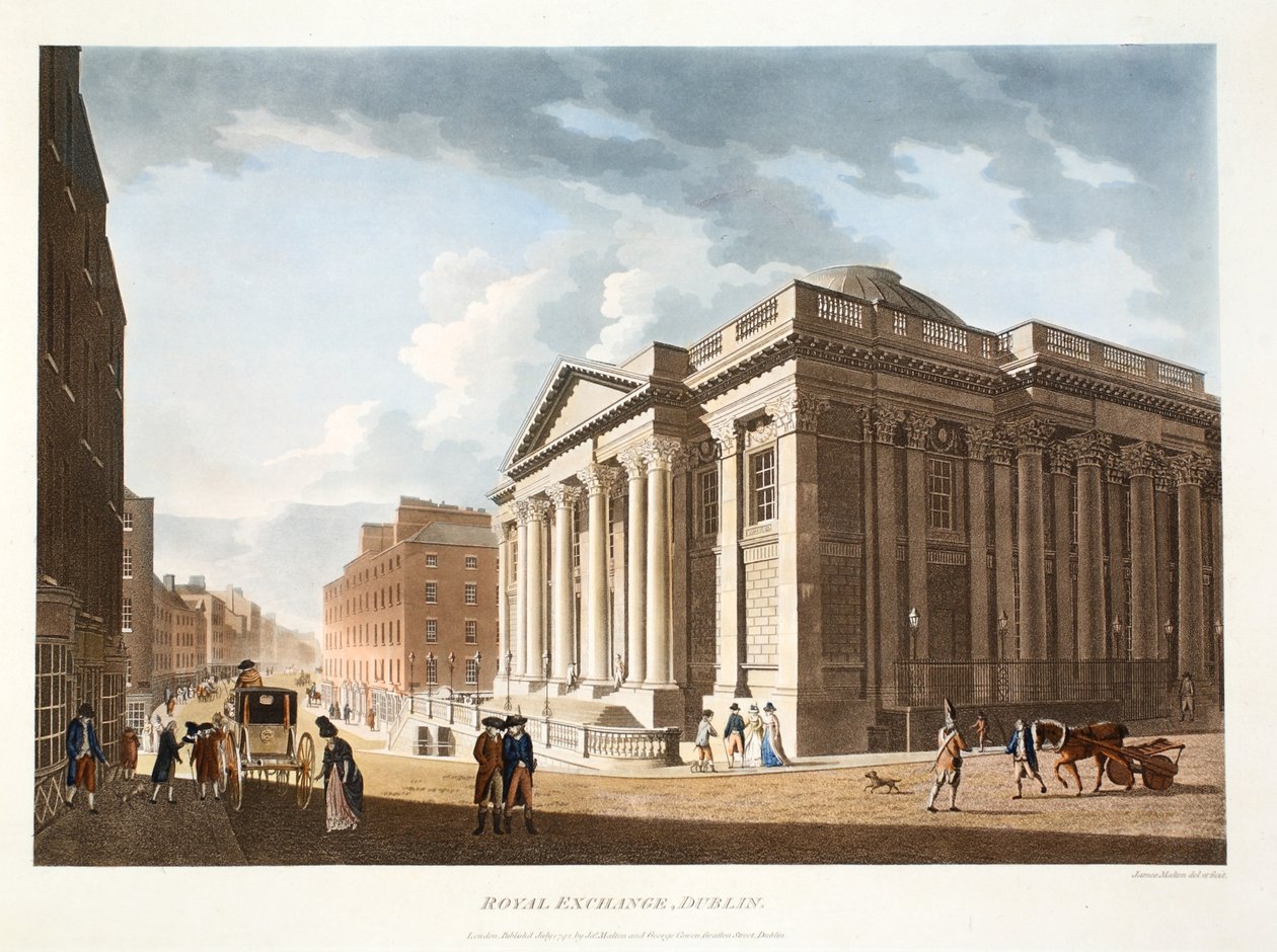 Royal Exchange, Dublin, 1792 (el boyaması gravür) by James Malton
