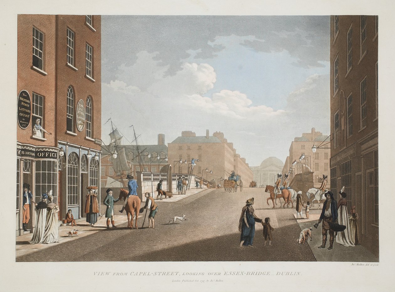 Capel-Sokak'tan görünüm, Essex-Bridge'e bakıyor, Dublin, 1797 (el boyaması gravür) by James Malton