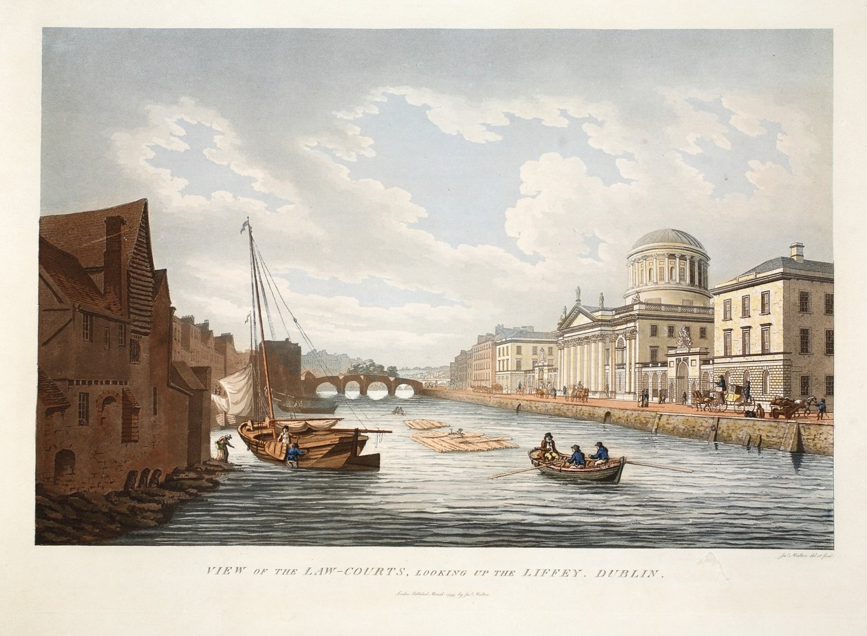 Liffey, Dublin, 1799 (el ile boyanmış gravür) by James Malton
