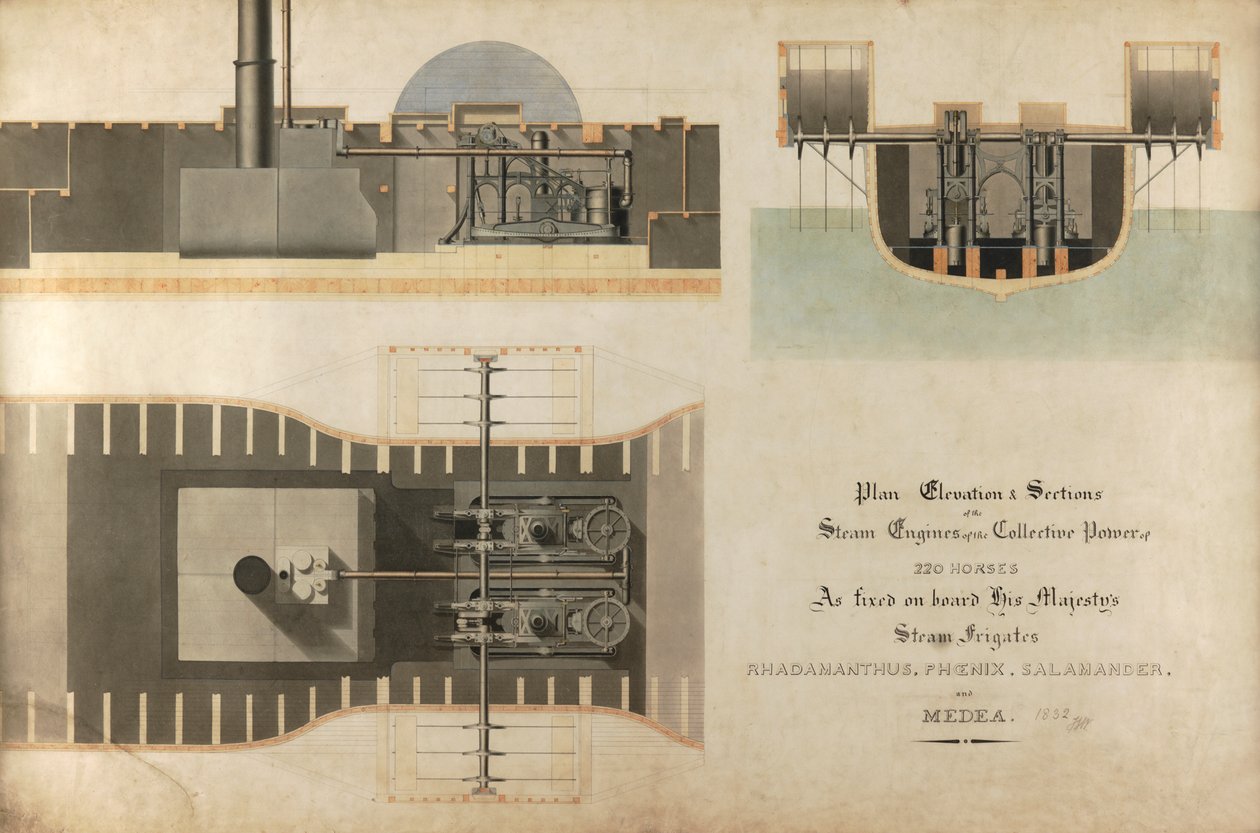 Bir deniz buhar motoru, 1832 (kağıt üzerinde kalem ve mürekkep ve wc) by James Hall Nasmyth