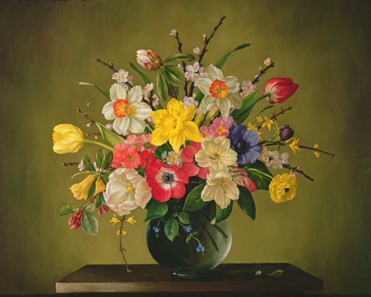 Cam Vazoda Narcissi, Anemon, Lale, Forsythia, Rhododendron ve Elma Çiçeği by James Noble