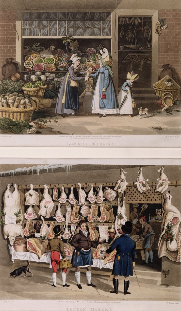 Londra Pazarlarındaki Et Tezgahı ve Meyve Tezgahı, M. Dubourg tarafından oyulmuş, 1822 by James Pollard