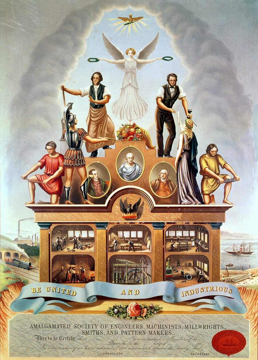 George Greatbach, 1852 tarafından oyulmuş Mühendisler, Makinistler, Değirmenciler, Demirciler ve Kalıp Üreticilerinden oluşan Amalgamated Society Ticaret Amblemi by James Sharples