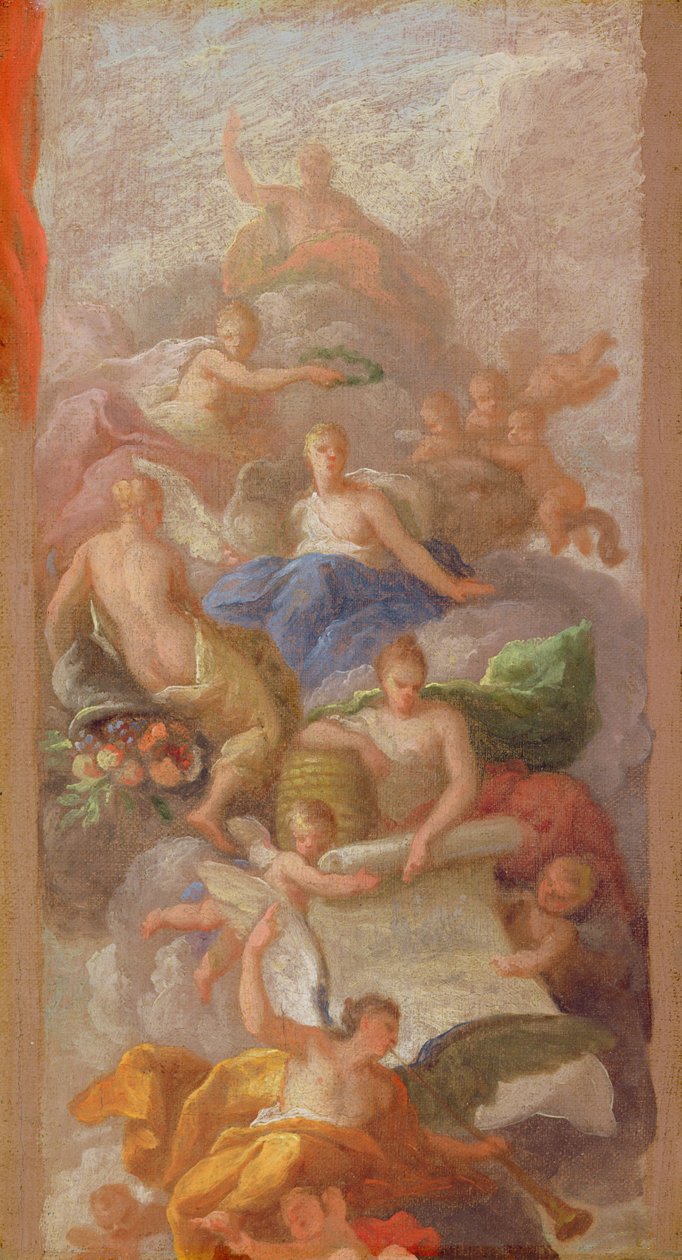 Endüstri, Şöhret ve Bolluğun Diğer Alegorik Figürleriyle Barış Tarafından Taçlandırılan Bir Minnettarlık Taslağı, c.1712-13 by James Thornhill