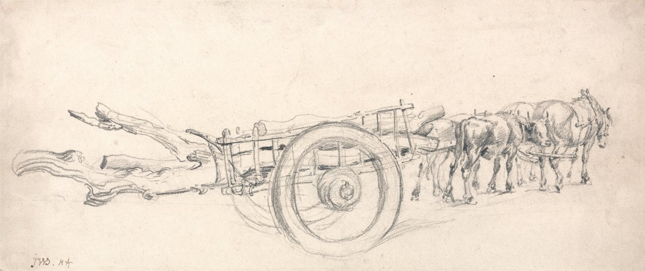 Bir Çift At ve Bir Çift Öküz Tarafından Çekilmiş, Ağaç Gövdeli Kereste Arabası by James Ward