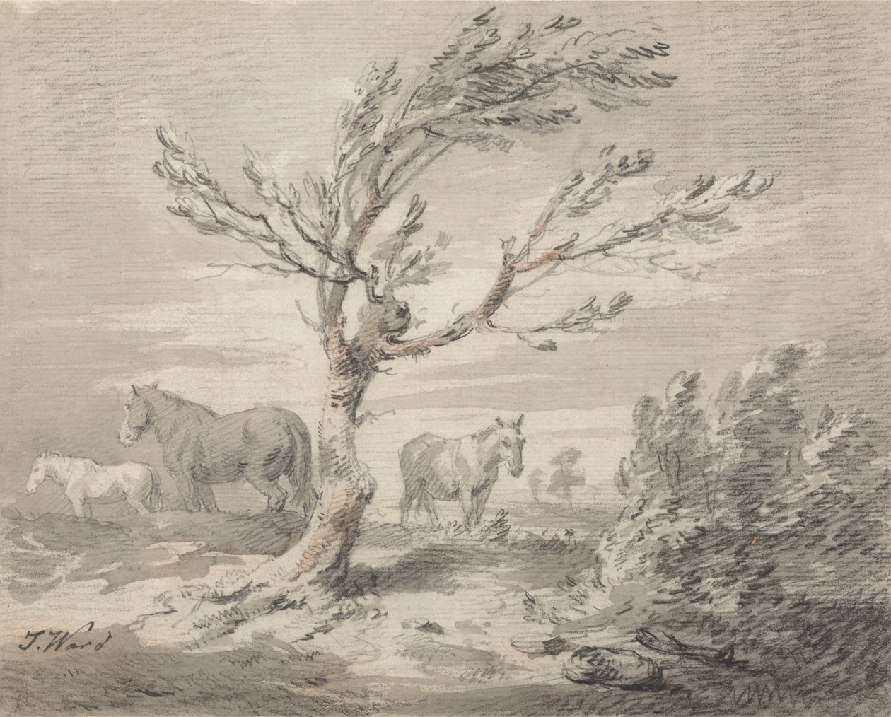 Ön Planda Üç At ve Bir Ağaç ile Manzara by James Ward