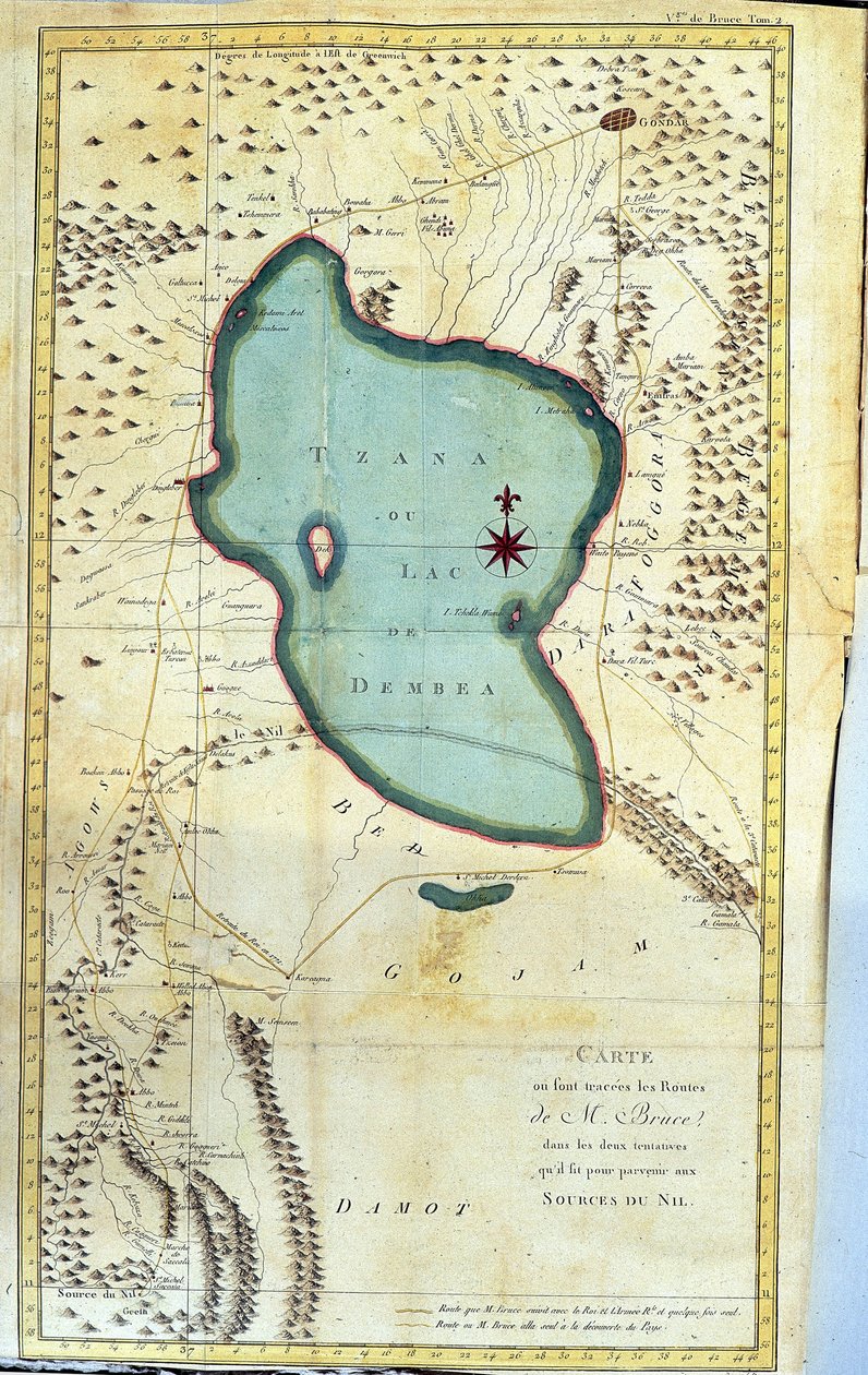 Tzana Gölü veya Dembea Gölü bölgesinin haritası (M. Bruce'un Nil'in kaynaklarına ulaşmak için yaptığı iki girişimdeki rotaları) - 1768-1772 yılları arasında Nil'in kaynaklarını keşfetmek için yapılan Nubia ve Habeşistan Yolculuğu'nda ””, Ja by James Bruce