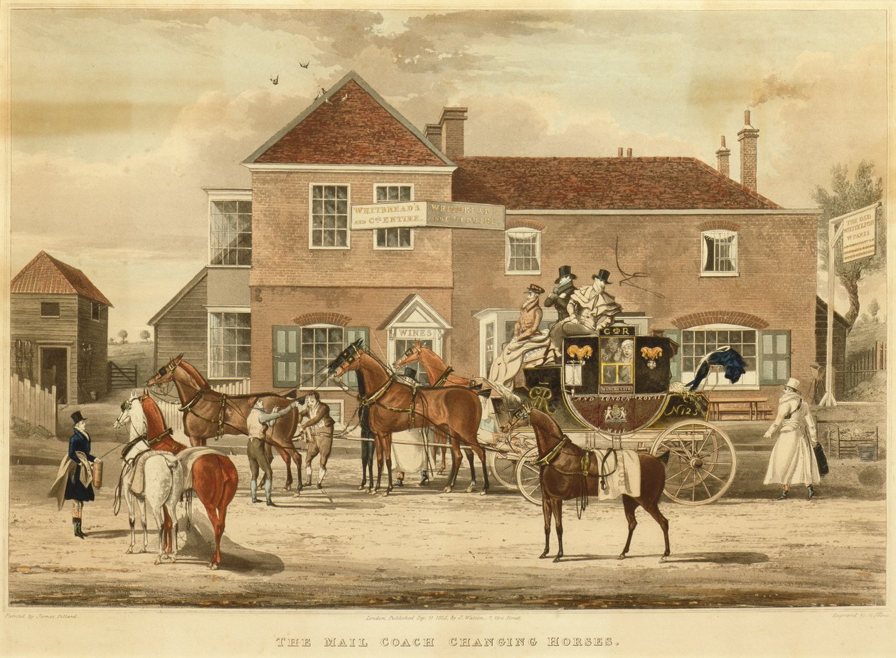 Atları Değiştiren Posta Arabası, c.1825 (gravür) by James (after) Pollard