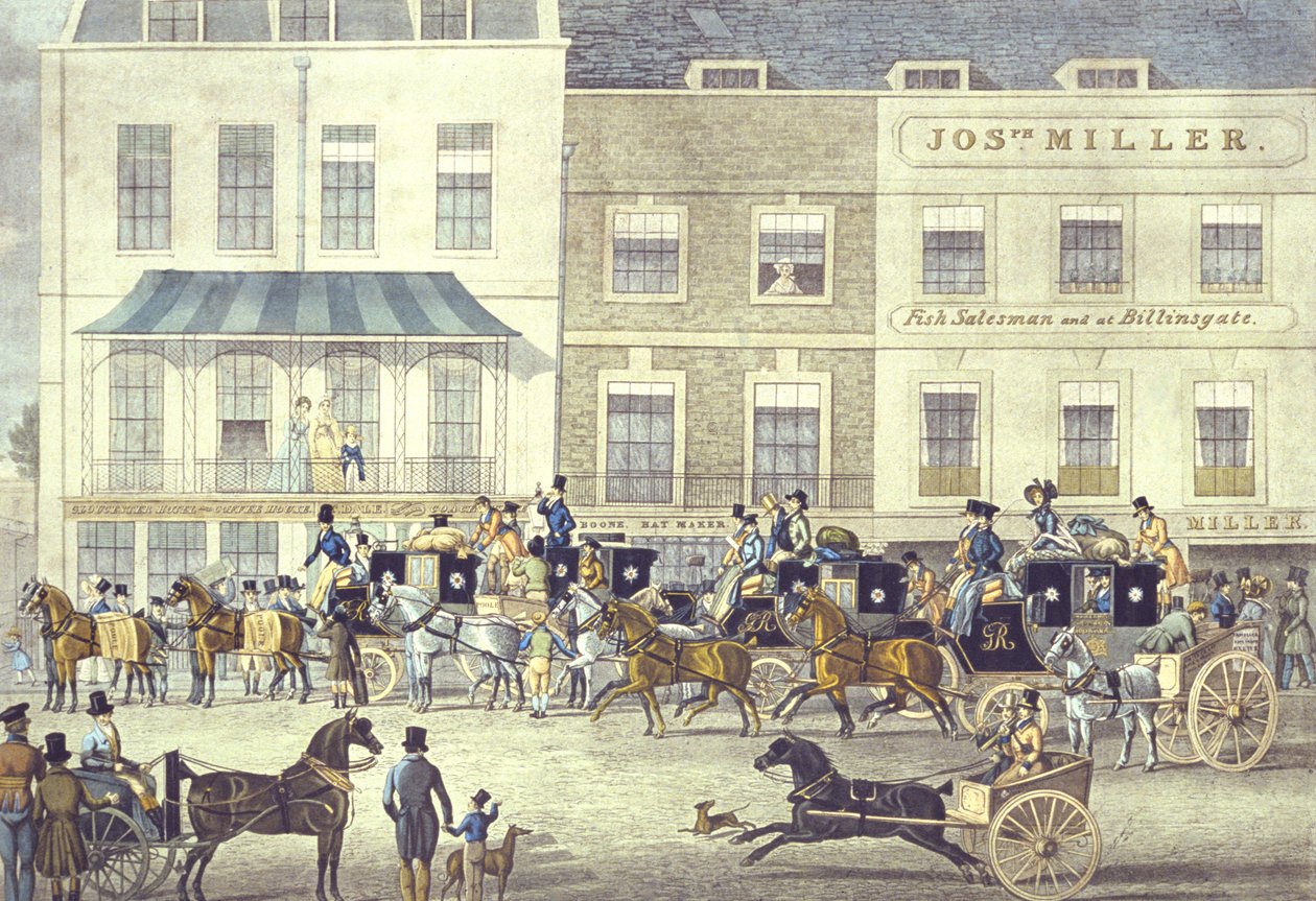West Country Mail, Gloucester Kahve Evi, Piccadilly, C. Rosenberg tarafından oyulmuş (renkli taş) by James (after) Pollard