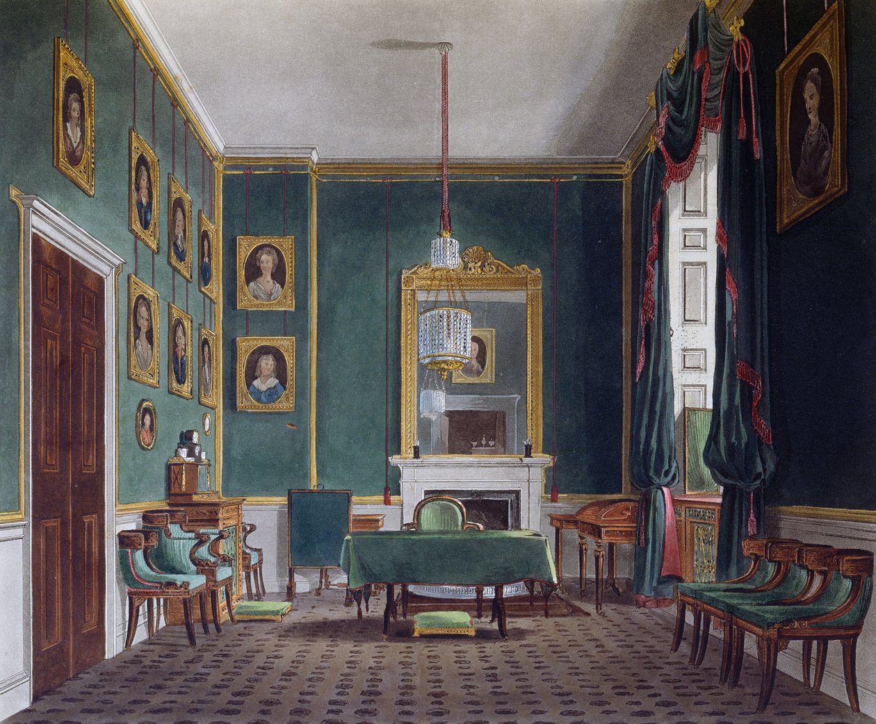 Yeşil çekme odası, Daniel Havell (1785-1826), James Stephanoff (yaklaşık 1788-1874) tasarımına dayalı gravür, The History of the Royal Residences by James (after) Stephanoff