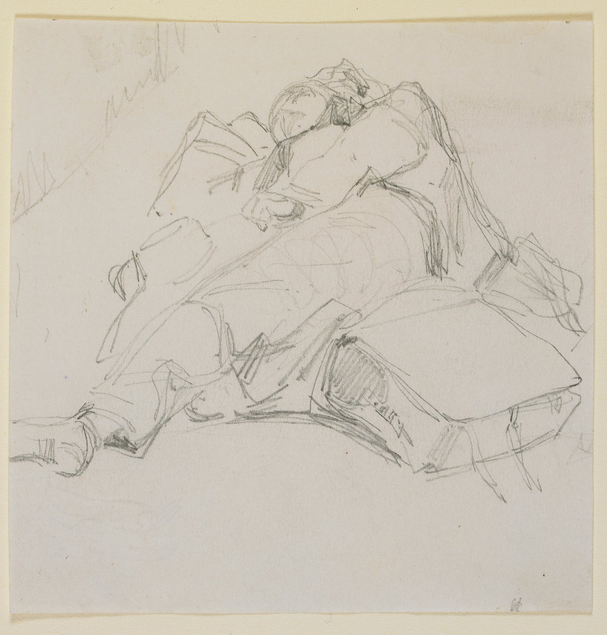 Bir bavul yığınının üzerinde uyuyan bir adam, 1858. by James Abbott McNeill Whistler
