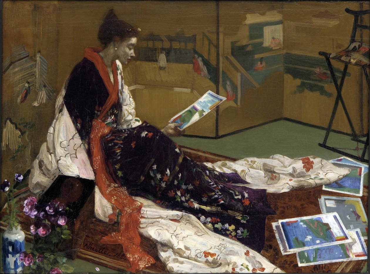 ""Mor ve altın kapris: altın perde"" Japon tarzı kimono giymiş genç kadın, baskılara bakıyor - (Japonizm) Tablo James Abbott McNeill Whistler (1834-1903) 1864 Freer Sanat Galerisi, Washington Amerika Birleşik Devletleri by James Abbott McNeill Whistler