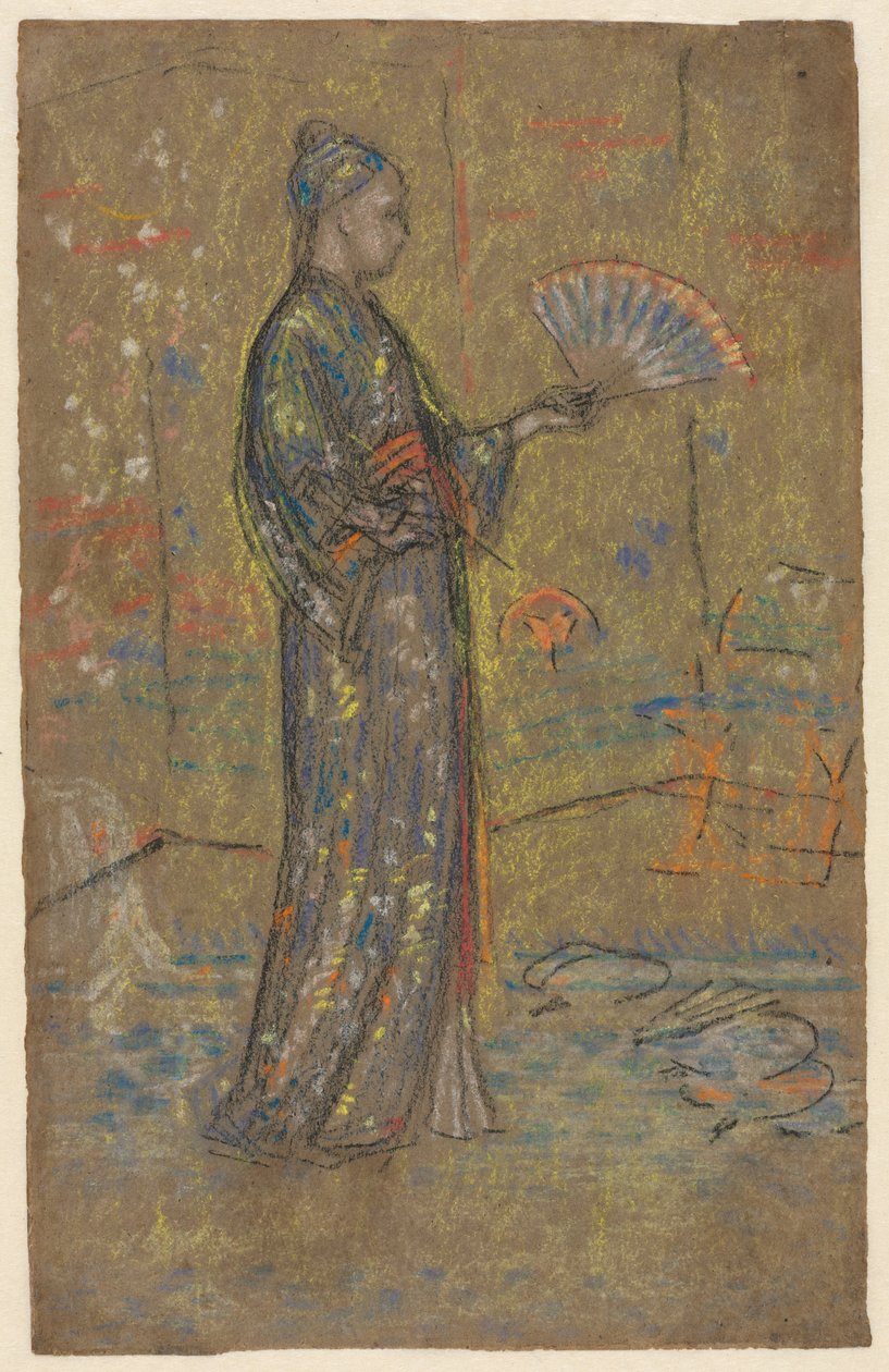 Japon Kadın Bir Yelpaze Rektosu Boyama, Ayakta Elbisesini Tutan Kadın Verso, c. 1872. by James Abbott McNeill Whistler
