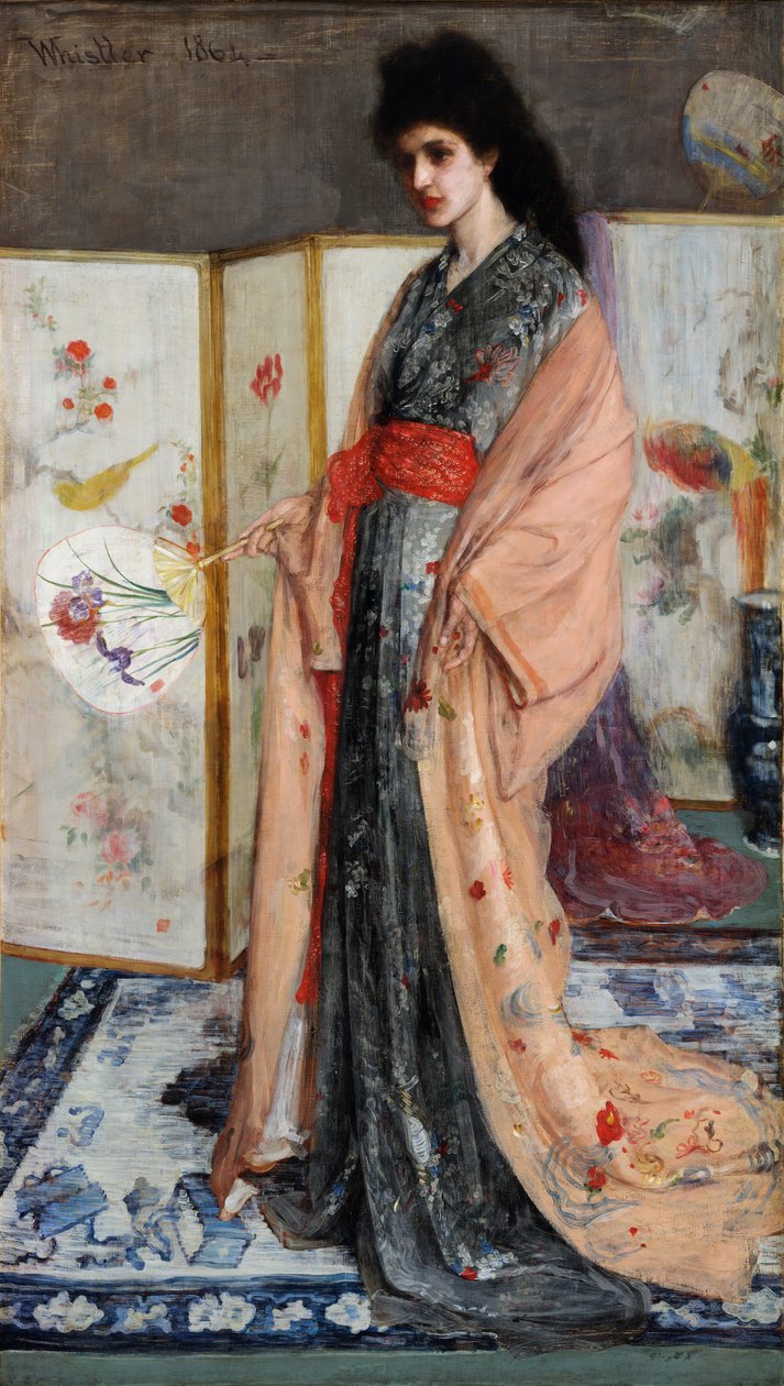 ""Porselen Ülkesinin Prensesi"" (Gül ve Gümüş: Porselen Ülkesinden Prenses) Japon tarzında giyinmiş genç bir kadın, arkasında bir kimono (Japonisme) James Abbott McNeill Whistler ( 1834- 1903) 1864 Daha Özgür by James Abbott McNeill Whistler