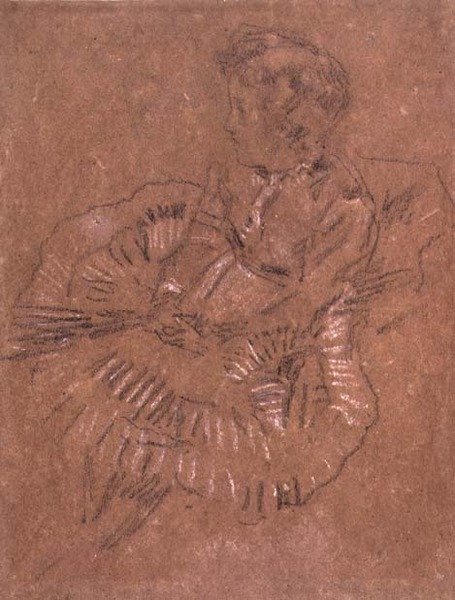 PD.67-1959 Büyük Etekli Oturan Bir Kız (Elinor Leyland Üzerine Bir Çalışma) c.1870-80 (kahverengi kağıt üzerine siyah beyaz tebeşir) by James Abbott McNeill Whistler