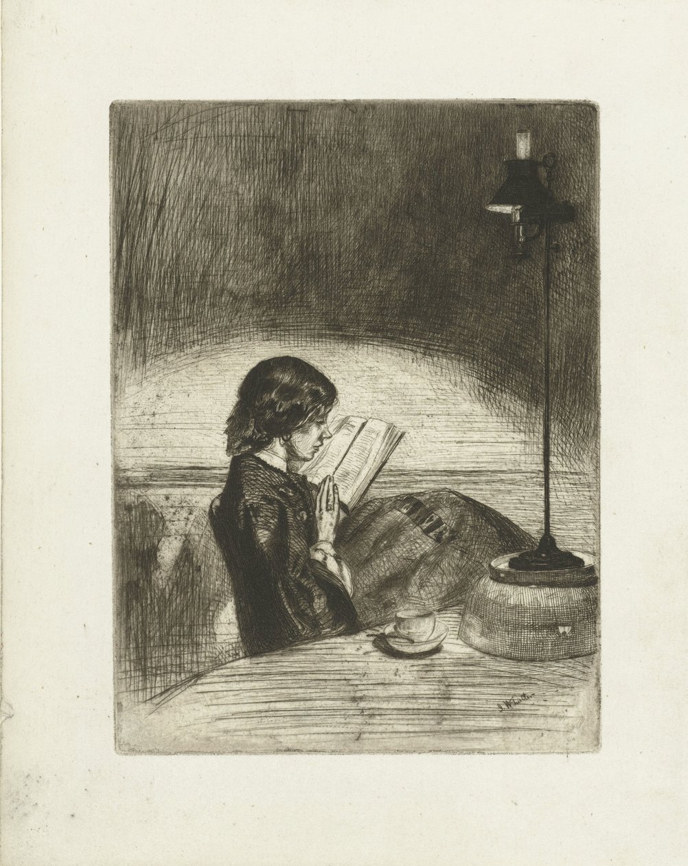 Deborah Delano okuma portresi Lamba ışığında okuma by James Abbott McNeill Whistler