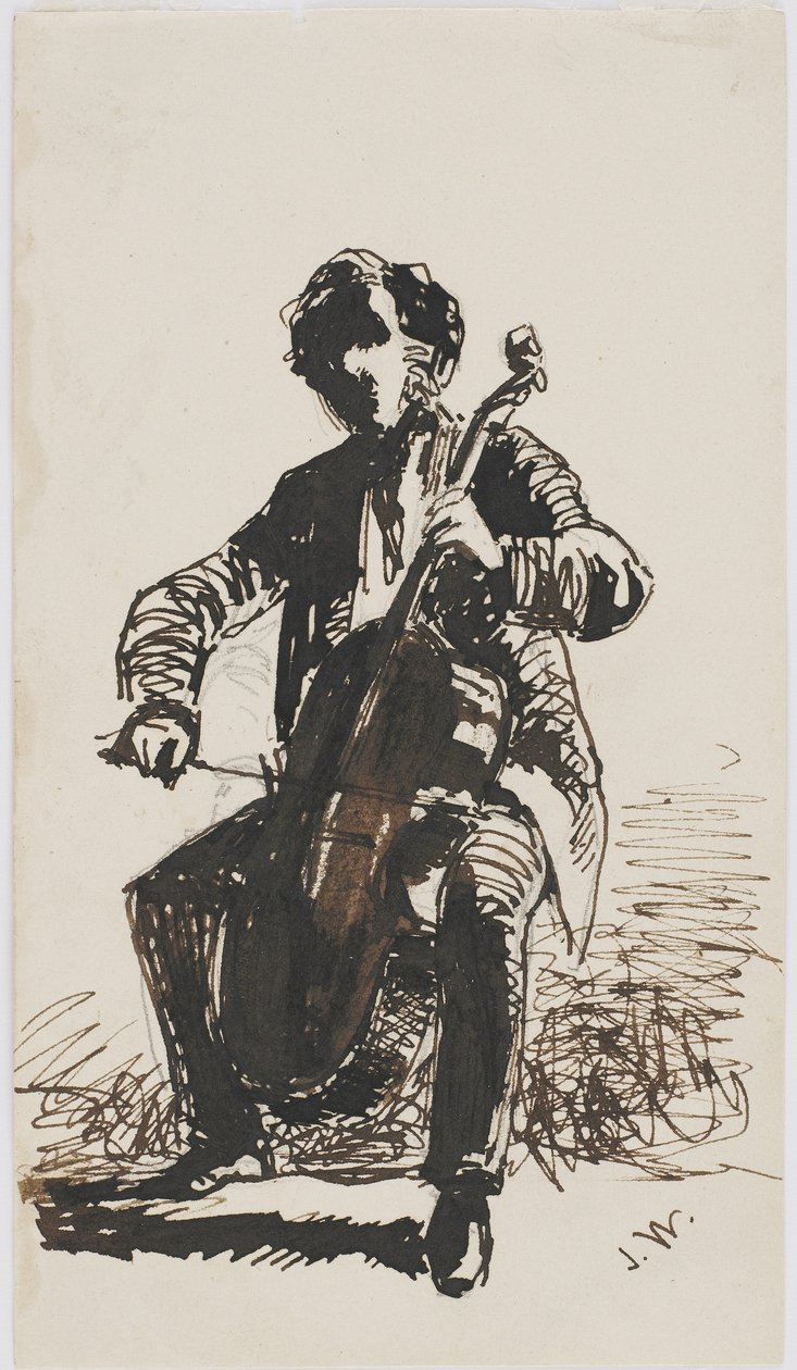 Sir Seymour Haden Çello Çalıyor, 1855 dolayları (bej kağıda kurşun kalem, tükenmez kalem ve mürekkep) by James Abbott McNeill Whistler