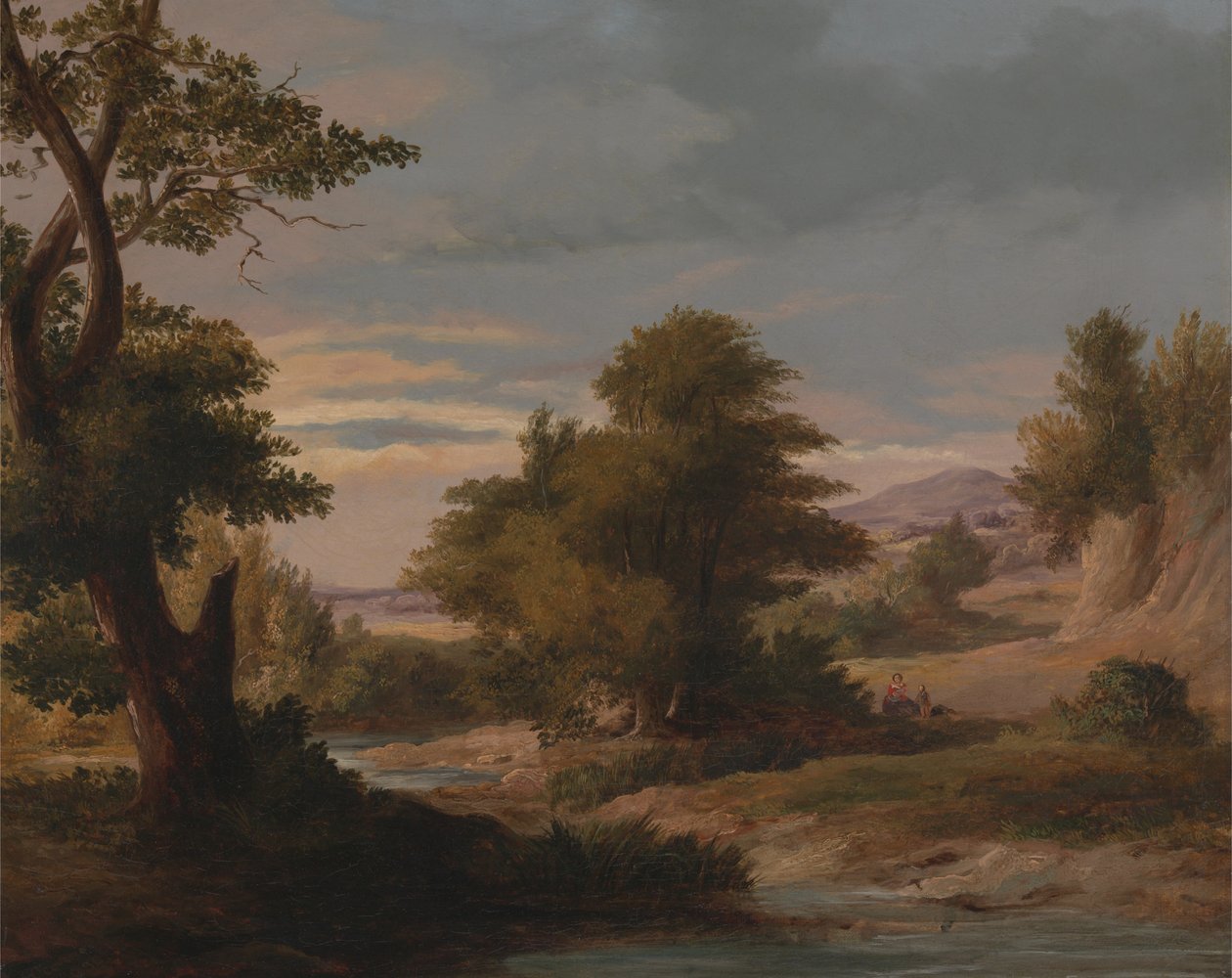 Anne ve Çocukla Ormanlık Bir Nehir Manzarası by James Arthur OConnor