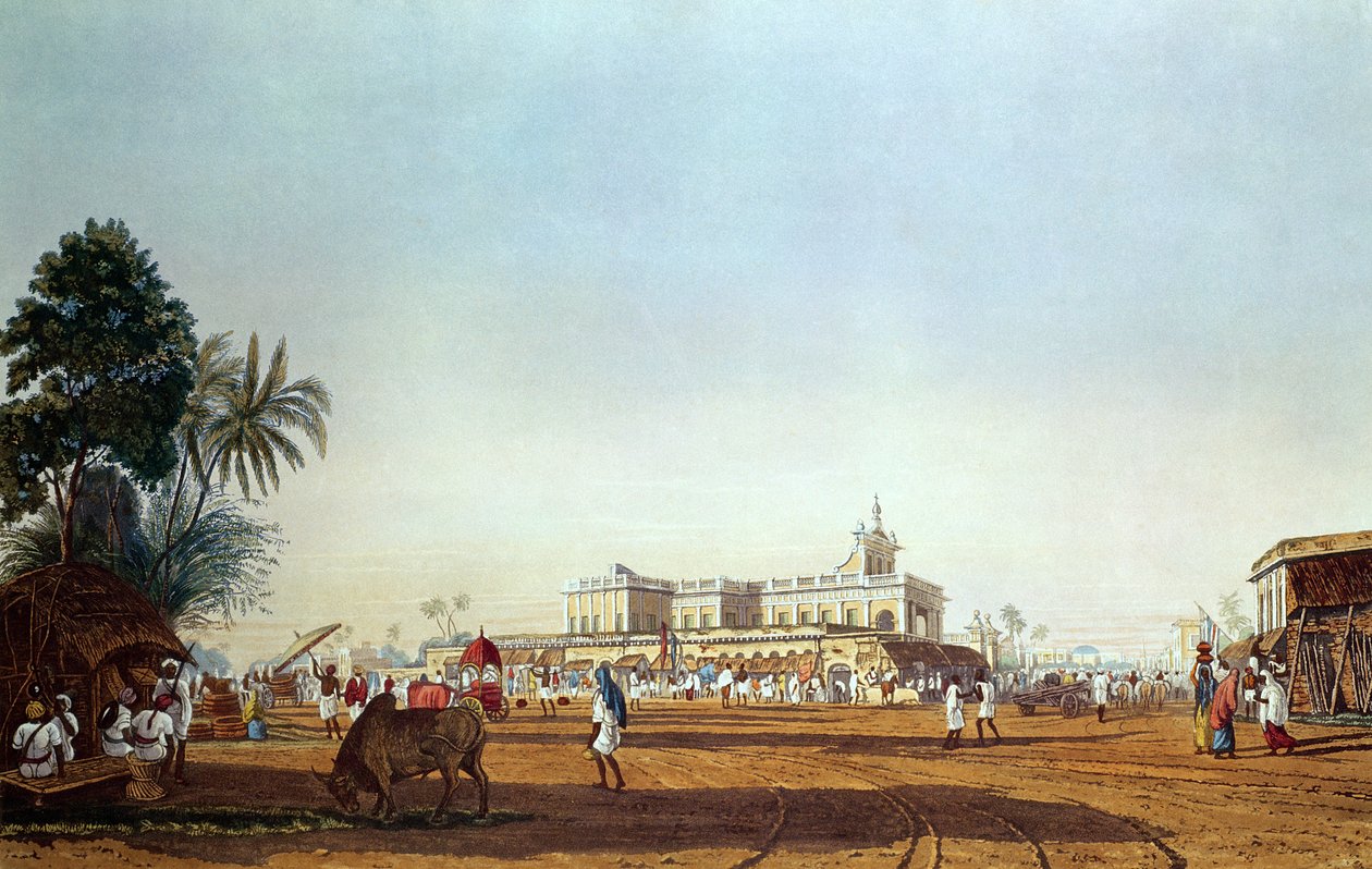 Lall Bazaar ve Portekiz Şapeli, Kalküta, Robert Havell, pub tarafından oyulmuş. 1824 by James Baillie Fraser