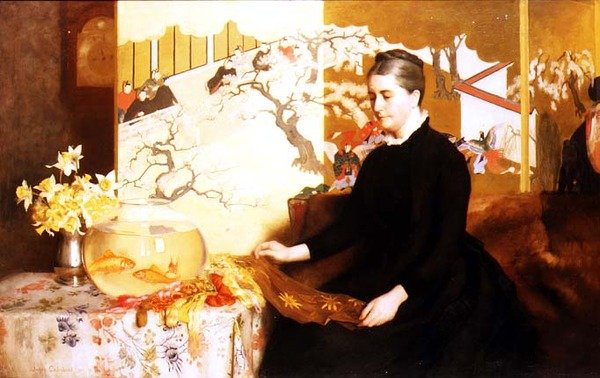 Japon Perdeli ve Japon Balığı Olan Kadın (Sanatçının Annesinin Portresi) by James Cadenhead