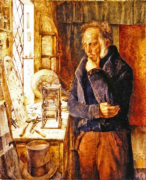 Köy Saatçimiz Bir Problemi Çözüyor (tuval üzerine yağlı boya) by James Campbell