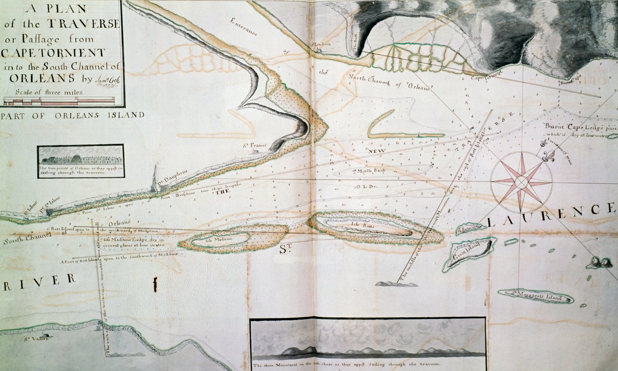 Orleans adası yakınlarındaki Quebec yakınlarındaki Saint Lawrence Nehri üzerindeki geçişlerin haritası, James Cook (1728-1779) tarafından 1758-1763, Kanada arasında çizilen harita by James Cook