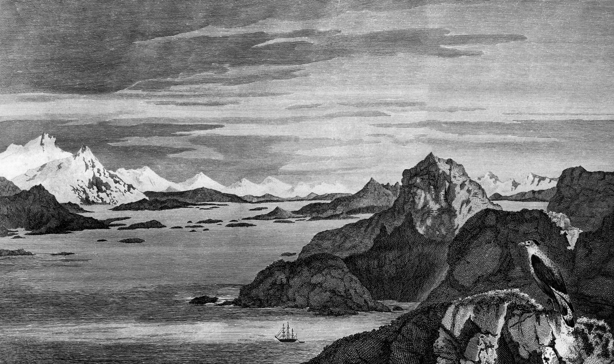 Noel Sesi Görünümü, Tierra del Fuego, çizim William Hodges, gravür William Watts, Voyage to South Pole ve Round World'den illüstrasyon, James Cook (1728-1779), baskı 1778'de Paris'te yayınlandı by James Cook