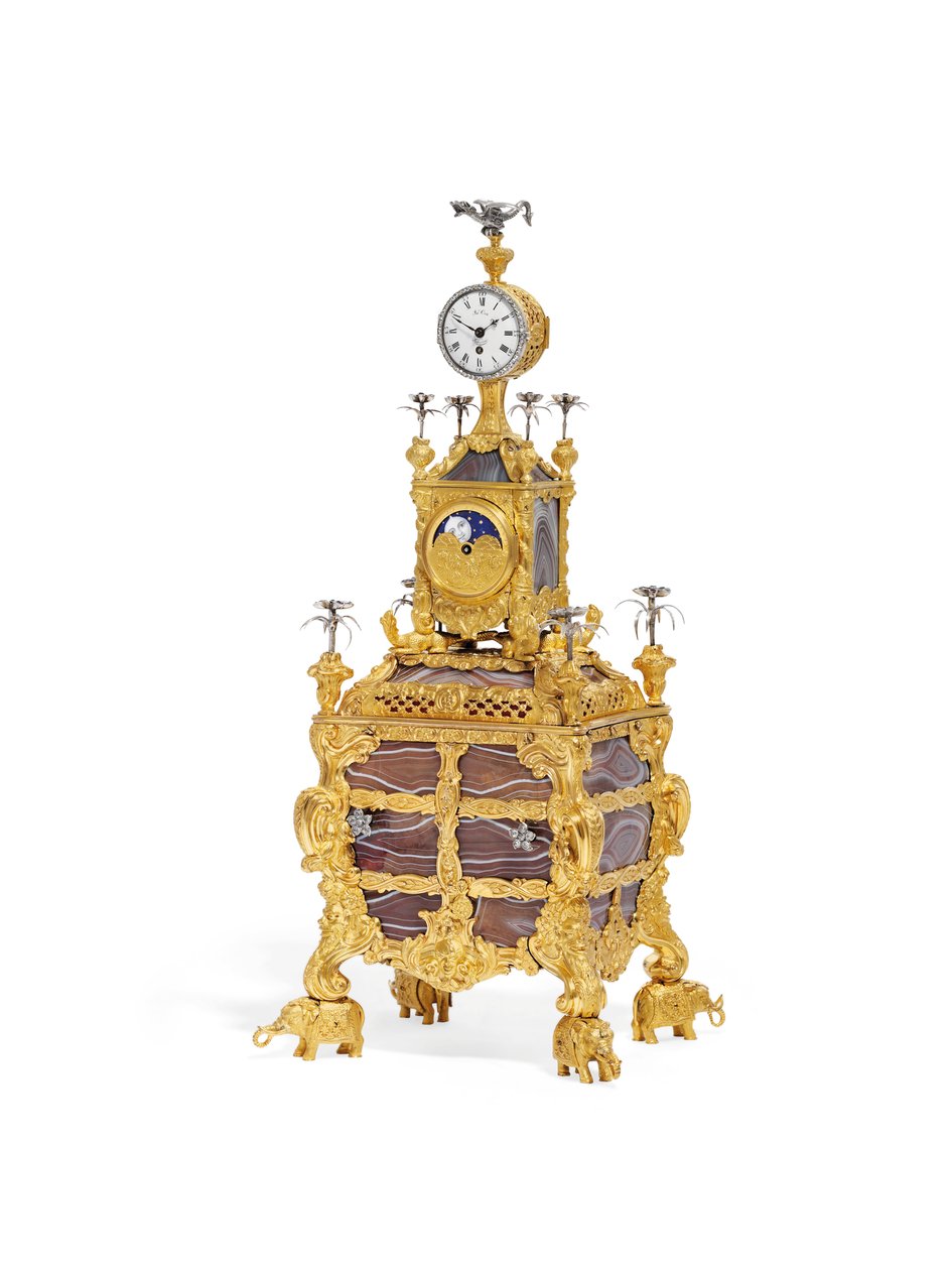 George III müzikli masa saati, c.1766 (ormolu, gümüş ve akik) (ayrıca bkz. 1860) by James Cox