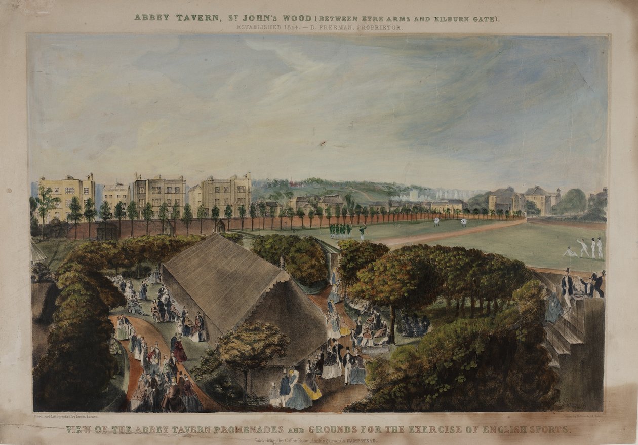 Abbey Taverns gezinti yollarının ve arazilerinin görünümü, Violet Hill, Marylebone, 1870 dolayları by James D Barnett