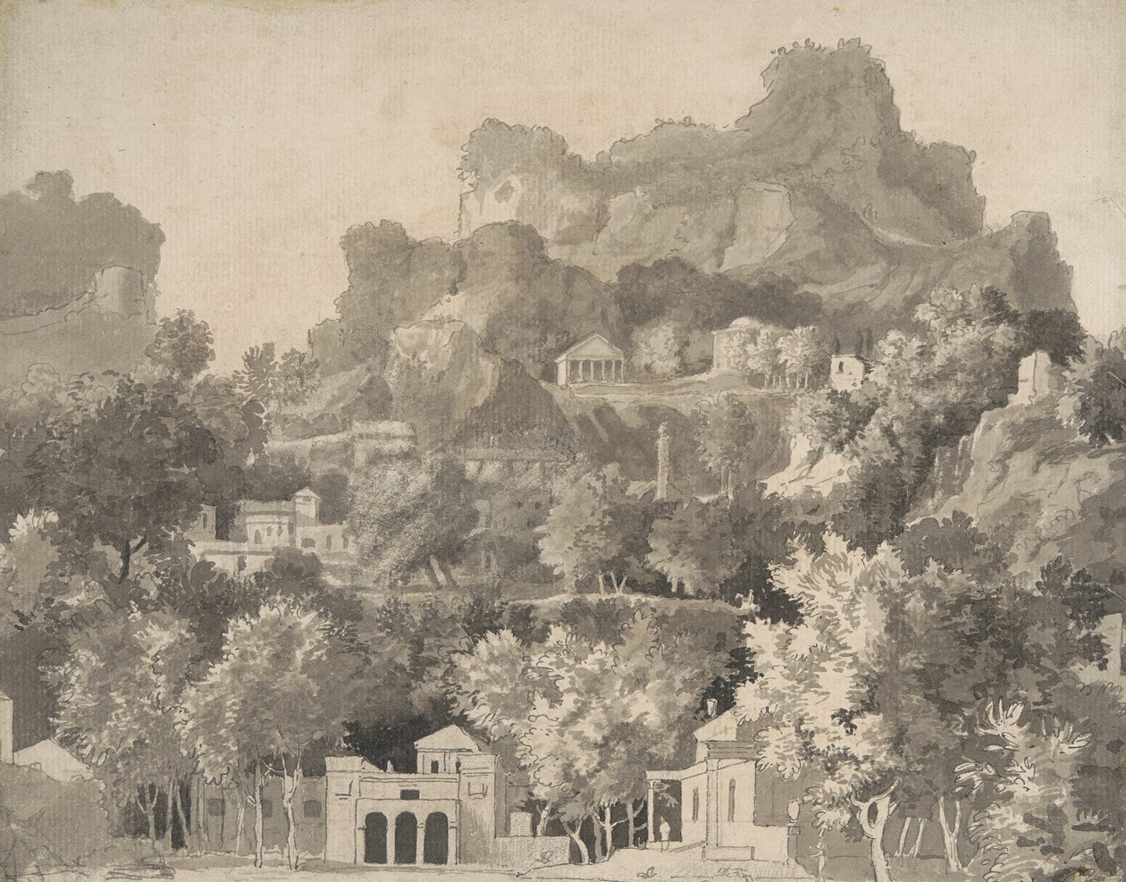 Klasik binaların olduğu kayalık manzara, c.1745 (kağıt üzerinde yıkama ile kalem ve mürekkep) by James Deacon