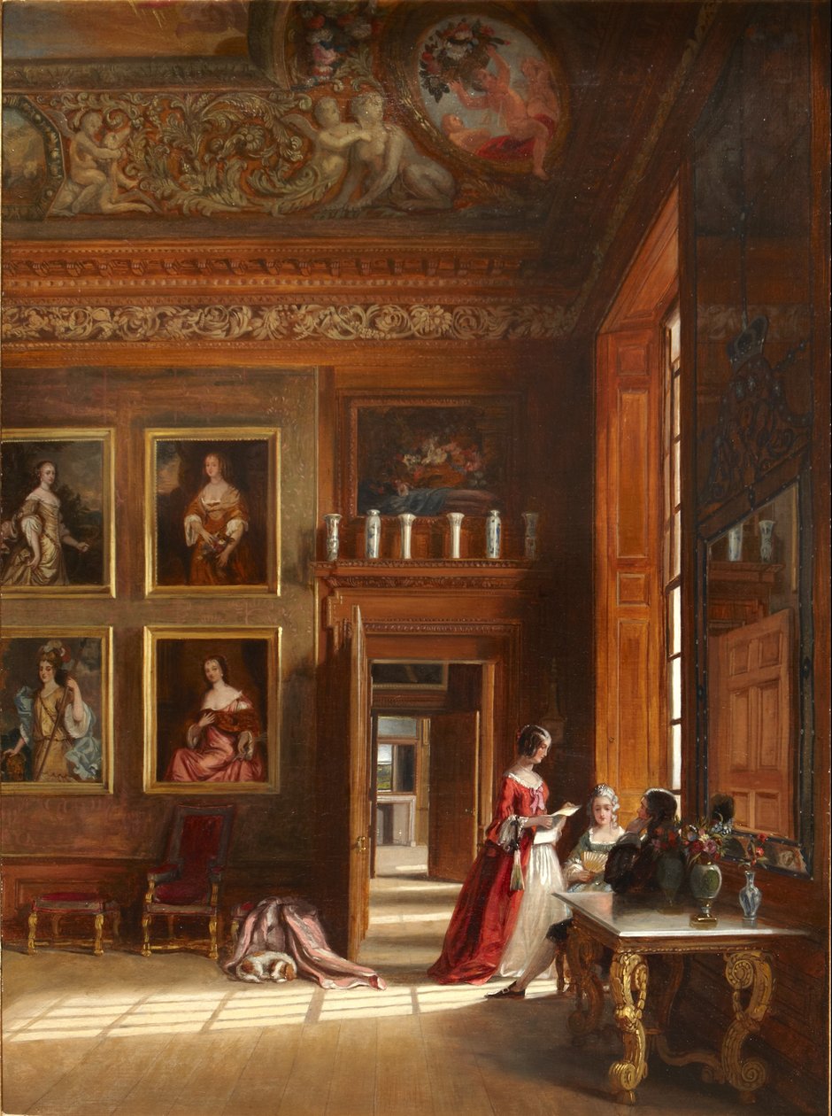 17. yüzyıl kostümlü bir grup insanla Kralın Büyük Yatak Odası'nın romantik bir görünümü, c.1703-05 (tuval üzerine yağlı boya) by James Digman Wingfield