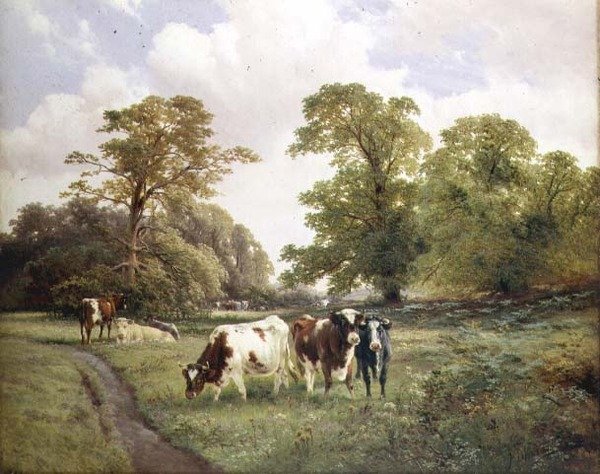 Ormanlık Bir Peyzajda Bir Patikada Otlayan Sığır by James Duffield Harding
