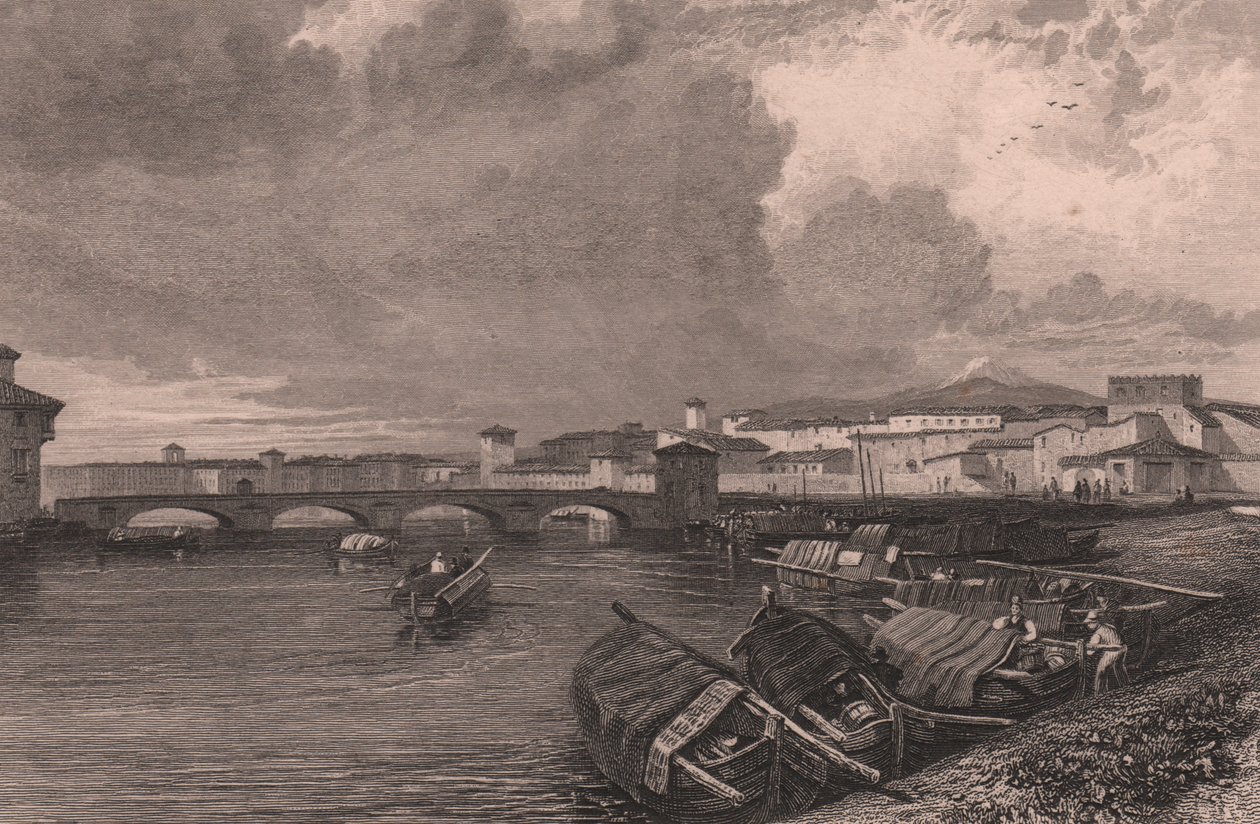 Pisa, Toskana, İtalya'daki Arno Nehri'nin görünümü, James Duffield Harding'in (1798-1863) çiziminden sonra Thomas Higham'ın (1796-1844) çelik gravürü by James Duffield Harding