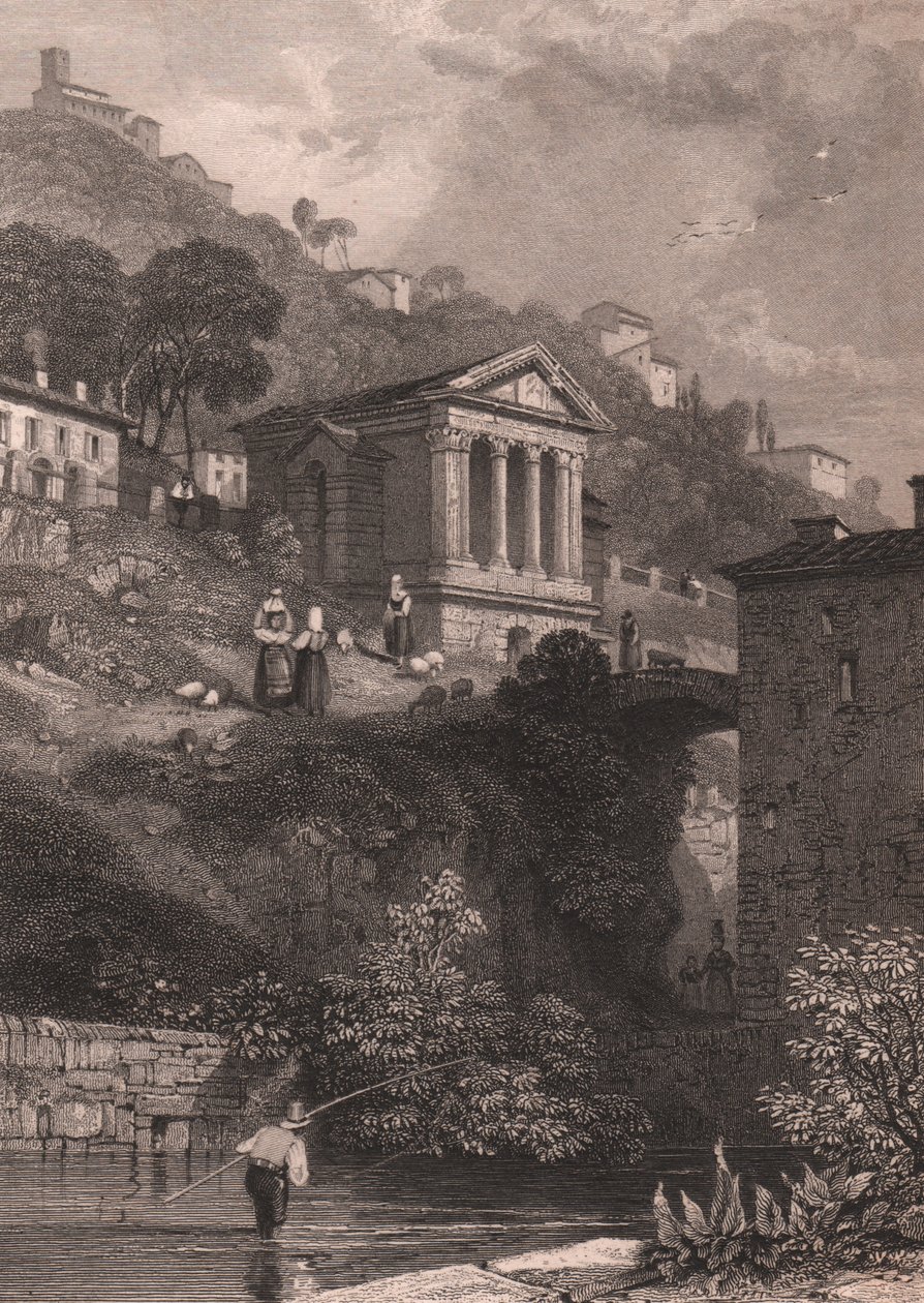 Clitumnus Tapınağı'nın Campello sul Clitunno yakınlarındaki Clitunno Nehri boyunca görünümü, Umbria, İtalya, Jordan tarafından James Duffield Harding (1798-1863) tarafından çizildikten sonra yapılan çelik gravür, yaklaşık 10, 5x15 cm by James Duffield Harding