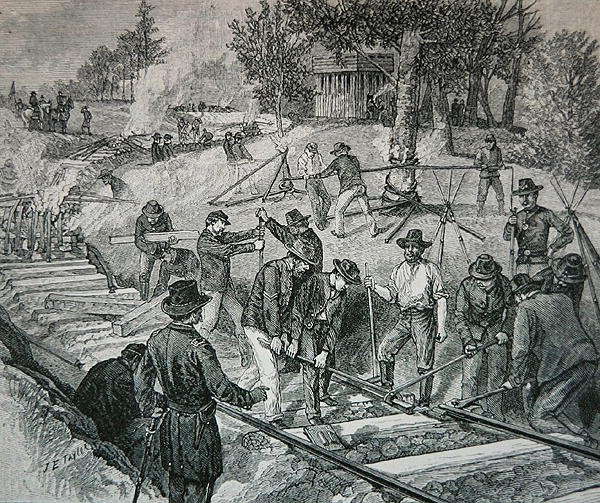 Bir demiryolu hattını yok eden birlikler (gravür) by James E. Taylor