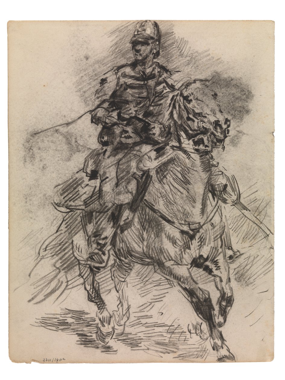 Hafif topçu şövalyesi (kağıt üzerine konte ve akrilik) by James Ensor
