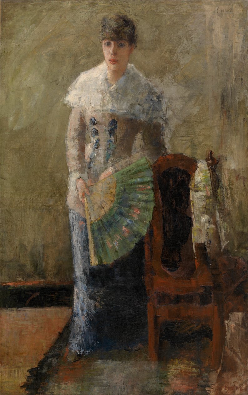 Yelpazeli Bayan (tuval üzerine yağlıboya, panel üzerine montajlı) by James Ensor