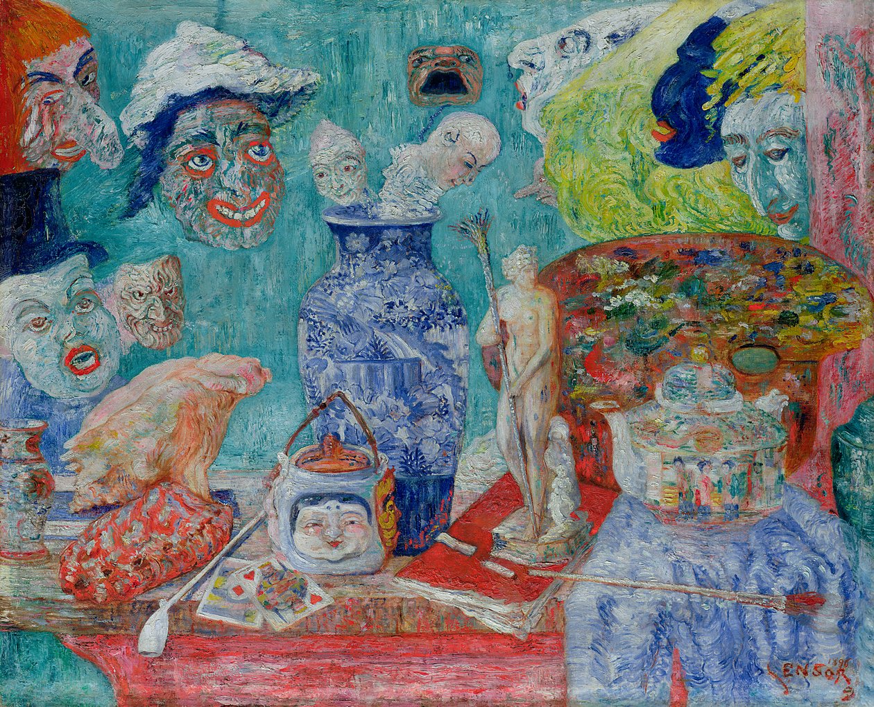 Maskeli Natürmort (Bric-a-Brac) 1896 (tuval üzerine yağlıboya) by James Ensor