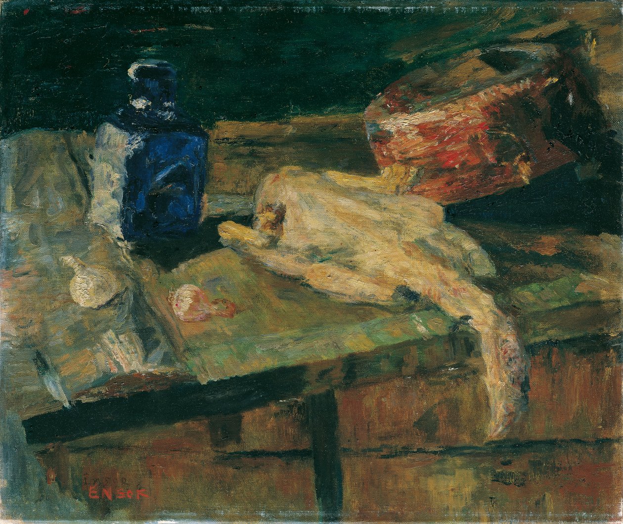 Mavi şişe ve koparılmış tavuk ile natürmort by James Ensor