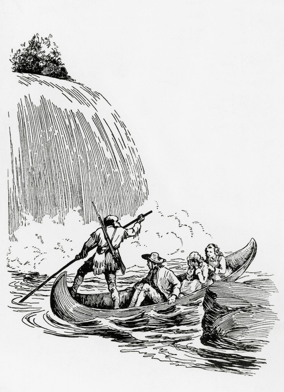 Şelalenin yanındaki kanodaki ana karakterler, Mohikanların Sonu için çizim, James Fenimore Cooper, Principato Editore, Milano by James Fenimore Cooper