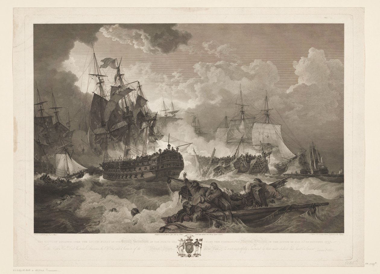 Cüruf bij Kamperduin, 1797 Amiral Duncan komutasındaki Kuzey Denizi İngiliz Filosu tarafından Hollanda Filosu üzerinde 11 Ekim 1797 harekâtında elde edilen Zafer (nesne üzerinde başlık) by James Fittler