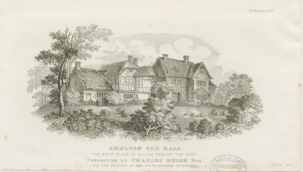 Shelton Old Hall: çelik gravür (vinyetli), nd [c 1843] (baskı) by James Flewitt Mullock